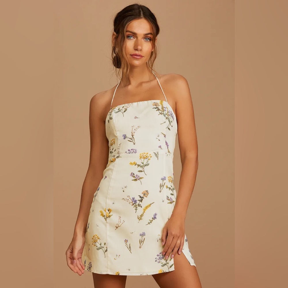 CATCH THE BOUQUET CREAM FLORAL PRINT HALTER LACE-UP MINI DRESS